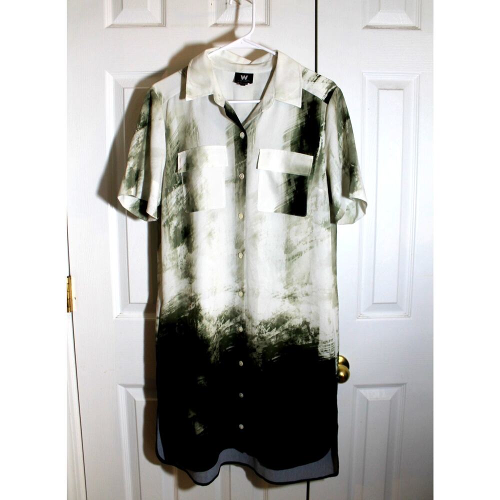 W by Worth Green Brush Stroke Print SS Shirt Dress sz S